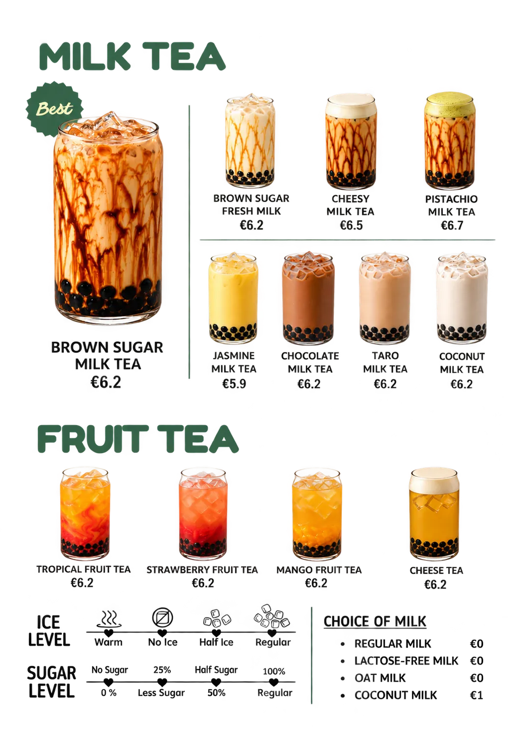 Coftea menu – Milk tea (boba): Brown Sugar Milk Tea, Brown Sugar Fresh Milk, Cheesy Milk Tea, Pistachio Milk Tea, Jasmine Milk Tea, Chocolate Milk Tea, Taro Milk Tea, Coconut Milk Tea. Fruit tea: Tropical, Strawberry and Mango Fruit Tea, Cheese Tea. Choose ice and sugar level; regular, lactose-free, oat or coconut milk.