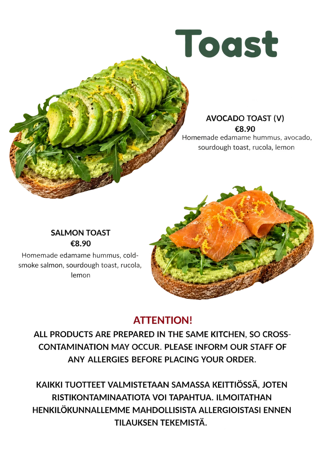 Coftea toast menu: Avocado Toast (vegan) and Salmon Toast, both with homemade edamame hummus on sourdough toast with rucola and lemon. Allergy notice: all products are prepared in the same kitchen.